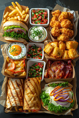 Variety Food Platter With Burgers, Fries, and Wraps. A variety of food items in individual containers arranged on a black tray.