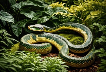 Obraz premium serpent camouflaged historic foliage, reptile, snake, wildlife, forest, jungle, leaves, scales, slither, creepy, crawl, exotic, danger, predator, creature