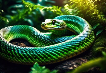 Obraz premium majestic serpent slithering through enchanted glade, snake, reptile, magical, mystical, forest, woods, nature, wildlife, creature, fantasy, lush, green