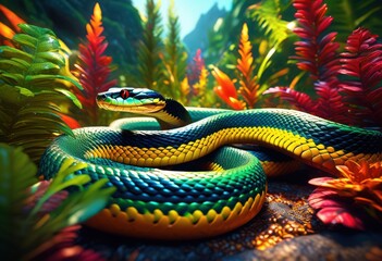 Fototapeta premium vibrant colorful snake slithering through lush greenery, reptile, serpentine, crawling, scales, pattern, exotic, tropical, forest, foliage, flora, fauna