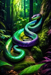 Fototapeta premium mystical forest serpent sunbathing enchanted boulder, snake, reptile, creature, woodland, wilderness, nature, wildlife, sunlight, rock, stone, bask, scale