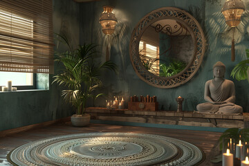yoga room with buddha statue for meditation