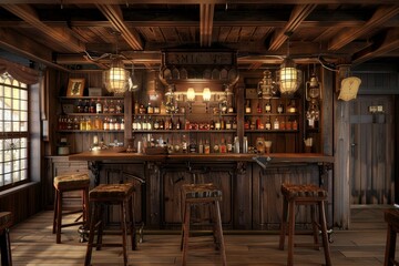 Old bar scene. Traditional or British style bar or pub interior, with wooden paneling