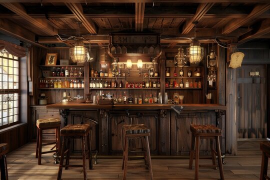 Old bar scene. Traditional or British style bar or pub interior, with wooden paneling