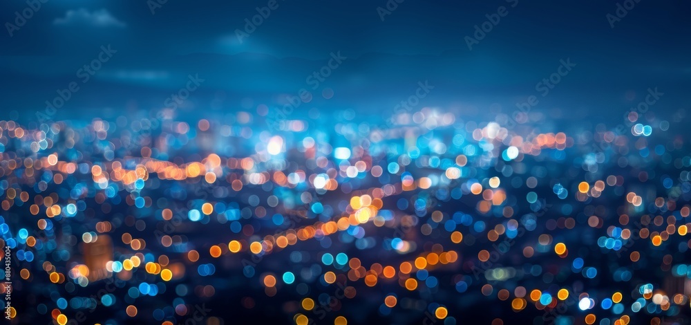 Poster lights blurring in a city on a blue background with abstract circular bokeh