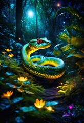 Fototapeta premium enchanted forest serpentine creature basking magic glow, mystical, woodland, foliage, sunlight, shimmering, scales, radiant, wildlife, magical, sunlit, nature, lush