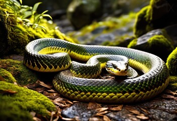 Fototapeta premium sinuous snake slithering along ancient pathway surrounded weathered stones moss, reptile, crawling, serpent, reptilian, scales, creature, ground, rocks, stony, earthy
