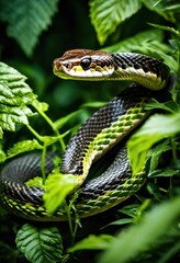 Obraz premium sinuous snake slithering through lush thicket brambles, reptile, crawling, dense, foliage, undergrowth, serpentine, vegetation, shrubbery, overgrown, bushes