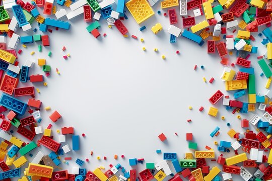 White background, white space in the center of picture. A pile of colorful blocks scattered all over the place. The bricks of different shapes and sizes to show diversity