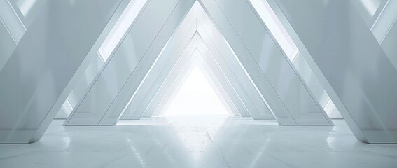 Naklejka premium Three-dimensional rendering of an empty long light corridor with a futuristic sci-fi triangle tunnel in the background.