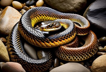 Fototapeta premium serpentine snake relaxing smooth river rocks reptile resting place nature scene, wildlife, habitat, stones, natural, basking, sun, colors, scales, animal