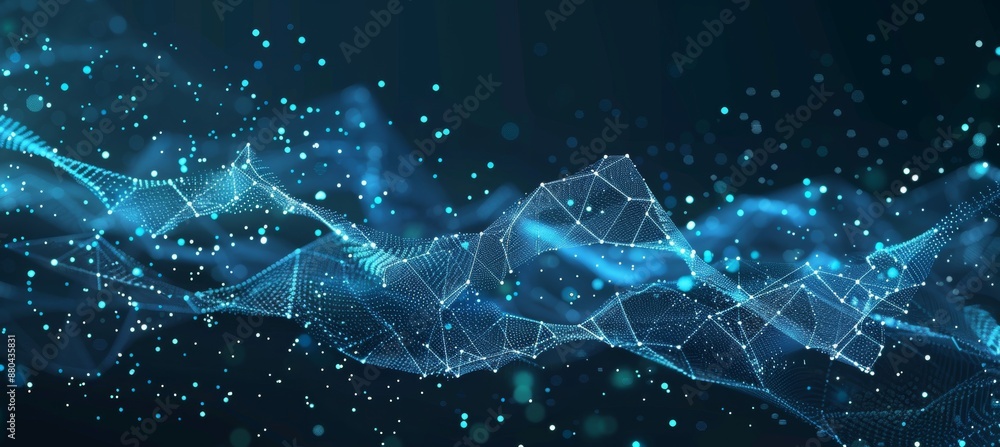 Poster 3d rendering of a futuristic abstract mesh. wave with dots and lines connected.