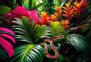 colorful tropical foliage concealing snake nature, vibrant, lush, greenery, camouflaged, reptile, wildlife, exotic, leaves, hiding, serpent, green, plant, colors,