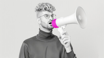 Monochrome Stylish Young Man Shouting into Megaphone for Modern Artistic Expression