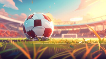 Soccer ball on vibrant, stylized field with dynamic lighting effects