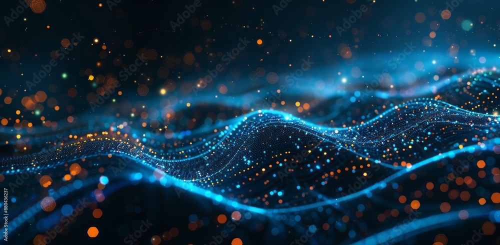 Poster illustration of a neural network in 3d. big data and cybersecurity. data streams. global stock datab