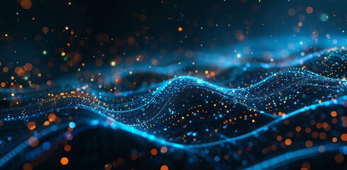 Fototapeta premium Illustration of a neural network in 3D. Big data and cybersecurity. Data streams. Global stock databases. Bright, colorful background with bokeh.