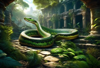 Fototapeta premium curious snake exploring mysterious ancient undergrowth, reptile, slithering, serpentine, scaly, crawling, wildlife, habitat, environment, wilderness, nature