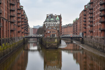 Moated castle in the Speicherstadt of Hamburg.