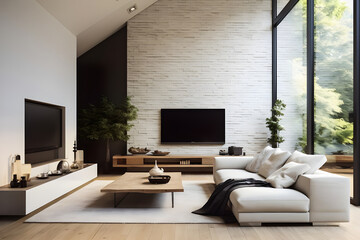 The loft interior design features a modern living room and minimalist home with a TV.