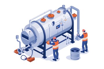 Technicians repairing boiler tubes, isometric, isolated white background.