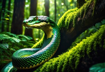 Fototapeta premium majestic serpent mystical hidden woods, snake, forest, enchanted, nature, greenery, wildlife, reptile, slithering, curled, coiled, glowing, secret