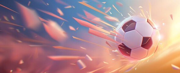 Soccer ball in motion with dynamic light streaks and flares.