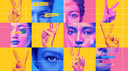 Peaceful Vibrant Faces in Creative Geometric Pop Art. Colorful Illustrations with Bold Colors and Sign Peace Gestures