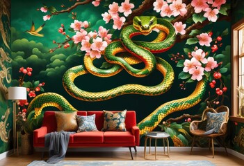 Fototapeta premium vibrant year snake themed wall murals decor, art, design, pattern, colorful, chinese, zodiac, symbol, creative, modern, interior, decoration