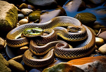 Obraz premium serpentine snake relaxing smooth river rocks reptile resting place nature scene, wildlife, habitat, stones, natural, basking, sun, colors, scales, animal
