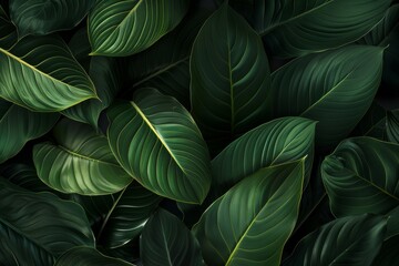 Obraz premium Spathiphyllum cannifolium leaves in a garden, abstract green texture, dark tone background, tropical leaf