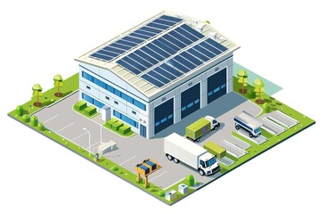 warehouse with solar cells on the roof, isometric, white isolated background