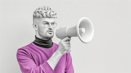 Portrait of a Modern Stylish Man with Megaphone and Glasses on Grey Background. Contemporary Communication Technology Art