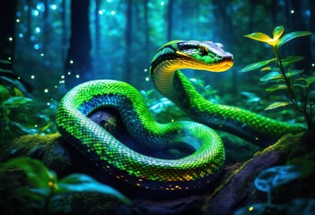 Fototapeta premium mystical glade serpent exploration enchanted forest, enchanting, magical, exploring, woods, woodland, creatures, mysterious, lush, fantasy, nature, adventure