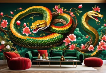 vibrant year snake themed wall murals decor, art, design, pattern, colorful, chinese, zodiac, symbol, creative, modern, interior, decoration