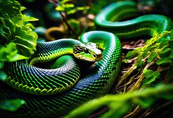 Fototapeta premium sinuous snake slithering through twisting vine maze, labyrinth, reptile, serpent, navigating, curving, winding, foliage, green, wildlife, nature, wild