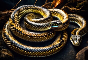 Obraz premium sinuous snake coiled enigmatic relic mysterious setting, serpent, twisted, winding, meandering, curled, snakelike, cryptic, hidden, secret, elusive, mystical