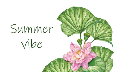 Watercolor illustration on the theme of summer. Illustration of a lotus flower and leaves with the inscription 