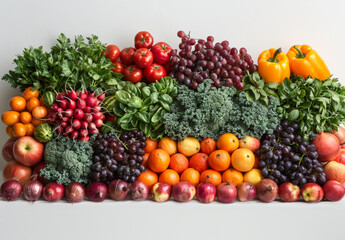 Fresh Produce Arrangement. A colorful arrangement of fresh produce including tomatoes, grapes, oranges, apples, radishes, and more.