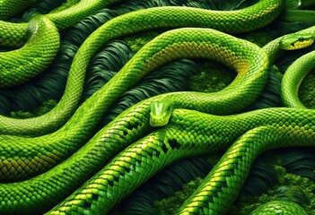 Obraz premium shimmering snake scales resting soft moss, texture, green, reptile, pattern, vibrant, contrast, wildlife, closeup, detail, colorful, background, exotic