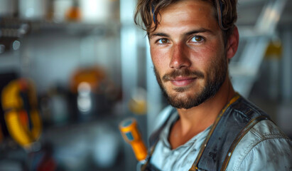 Obraz premium Construction Worker Portrait. A young man with a beard, wearing a work uniform, stares intently at the camera.