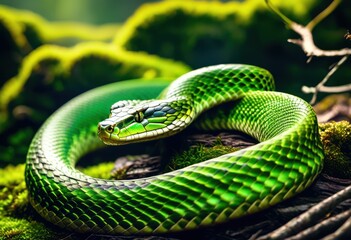 serpent resting lush moss, snake, reptile, lying, green, vegetation, sleeping, vibrant, foliage, ground, greenery, luxuriant, lie, sleep, lively, earth, plants, forest,