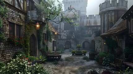 Captivating Digital Castle Courtyard with Futuristic Plant Life