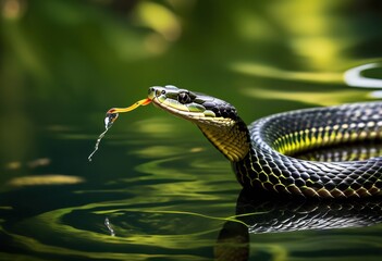 sleek snake gliding reflection smooth lake surface wildlife scene, reptile, slithering, water, reptilian, nature, serpent, aquatic, motion, animal, scales, sly,