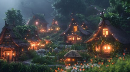 Enchanted Celtic Village with Glowing Flora and Whimsical Cottages in a Misty Forest Landscape