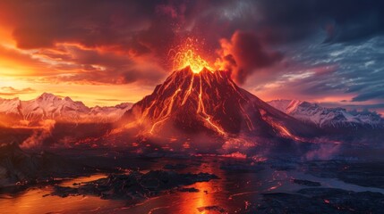A fiery volcano erupts amid a tranquil mountain landscape at sunset.