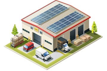 warehouse with solar cells on the roof, isometric