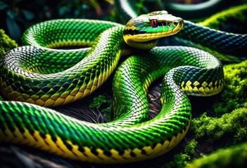 Fototapeta premium sinuous snake slithering through twisting vine maze, labyrinth, reptile, serpent, navigating, curving, winding, foliage, green, wildlife, nature, wild