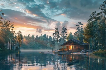 Fototapeta premium Serene lofi-inspired lakeside cottage tucked away in a lush natural setting. Relaxation and atmosphere concept