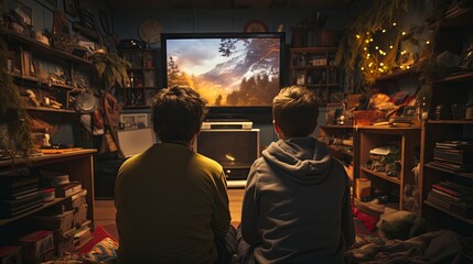 Obraz premium Two guys watch a movie in a cozy room